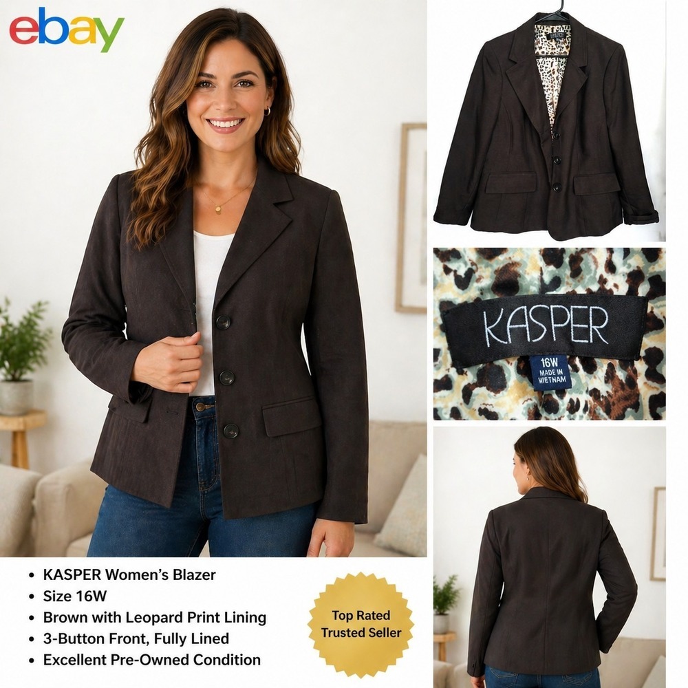 Kasper Womens Blazer Size 16W Brown Leopard Print Lining 3-Button Career Jacket